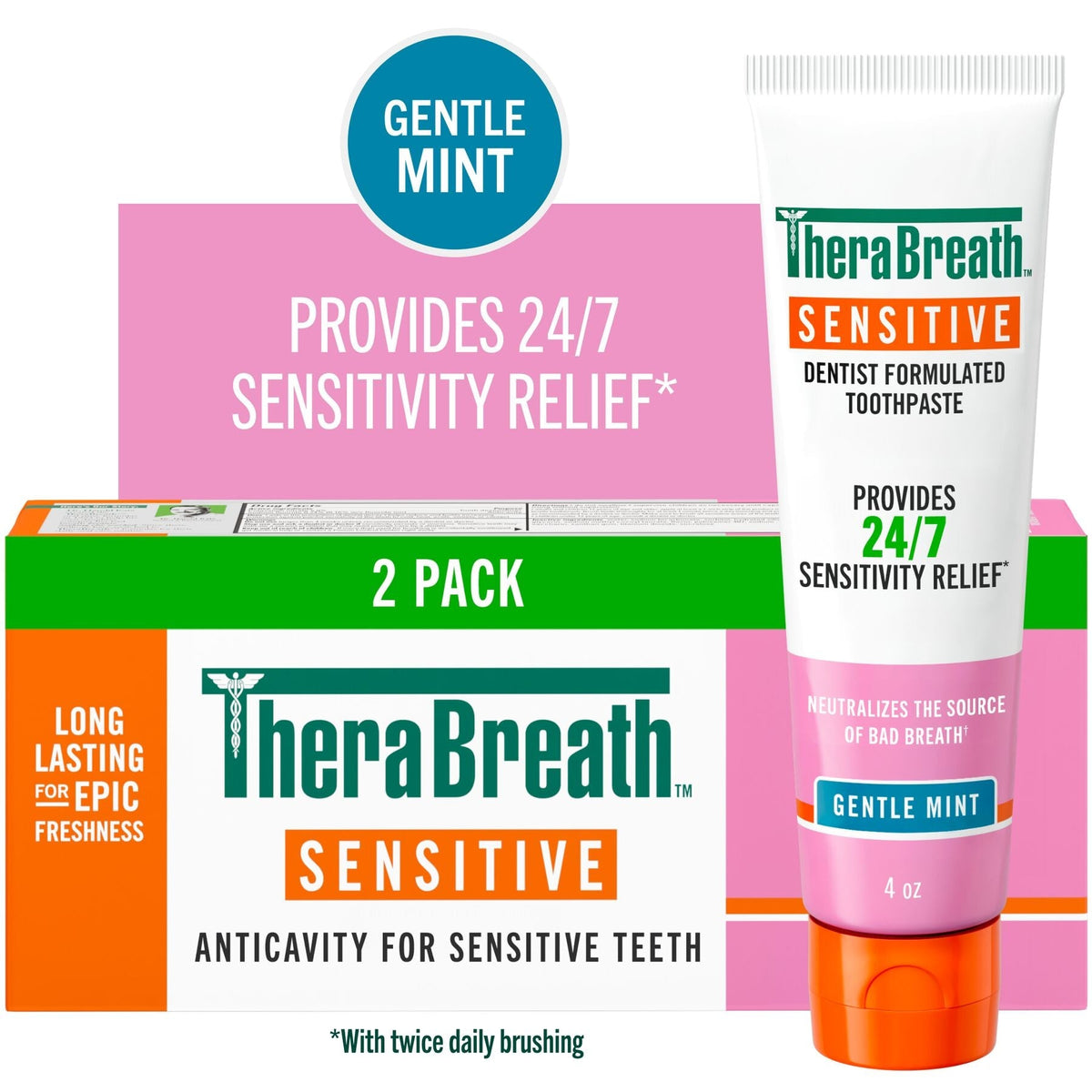 TheraBreath Sensitive Toothpaste, 24/7 Sensitivity Relief (1), With Fluoride for Anticavity Protection, Gentle Mint, 4 Oz (JJDJ)