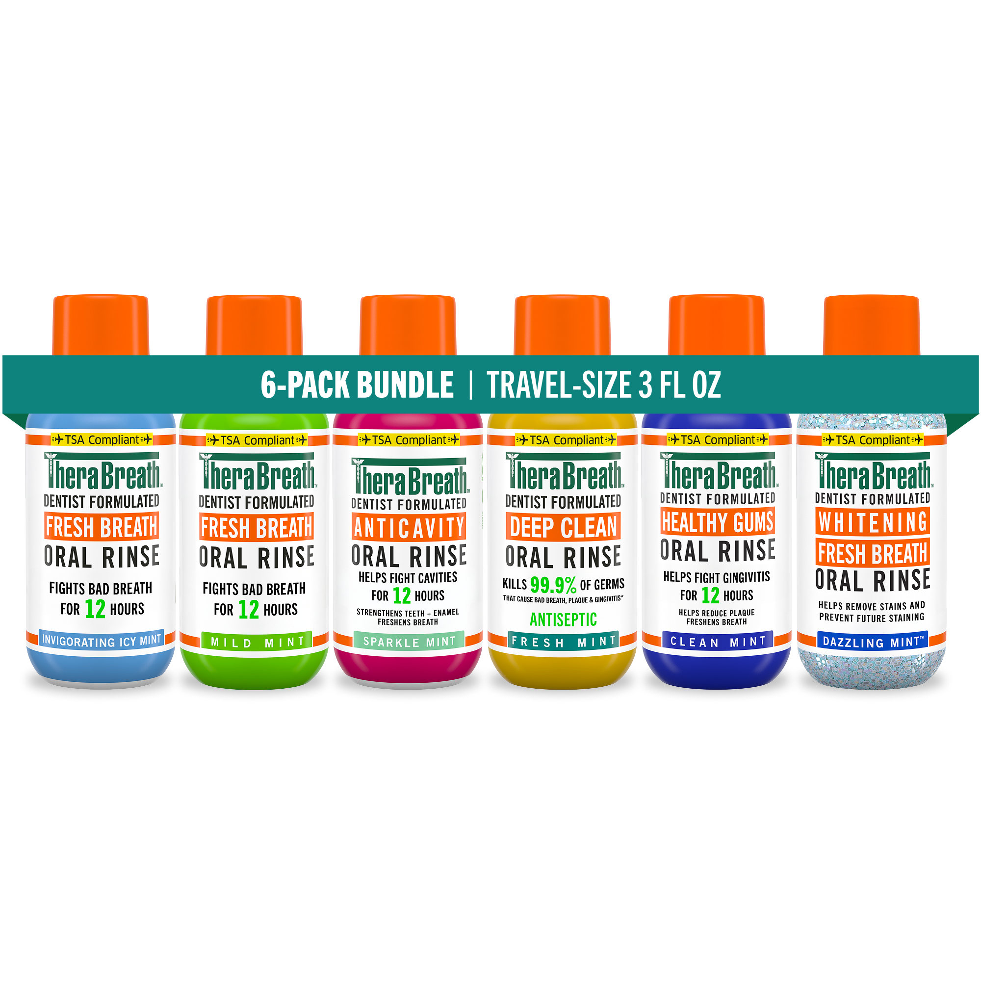 Travel-Size Mouthwash - TheraBreath Variety 6-Pack Bundle (6WUM)
