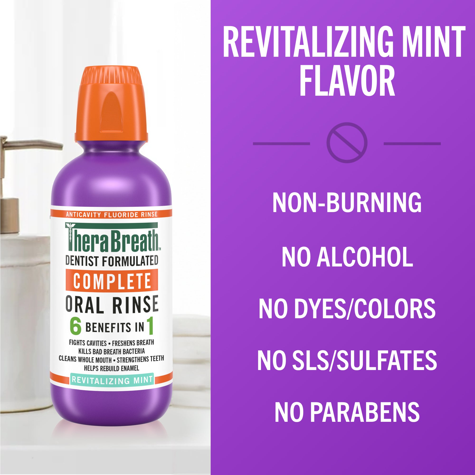 TheraBreath Complete Mouthwash, 6-in-1 Beneﬁts, Alcohol-Free, Revitalizing Mint (FI10)