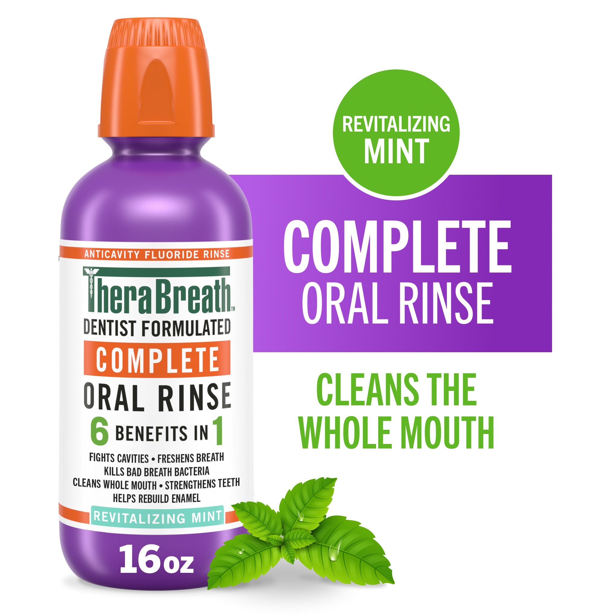 TheraBreath Complete Mouthwash, 6-in-1 Beneﬁts, Alcohol-Free, Revitalizing Mint (FI10)